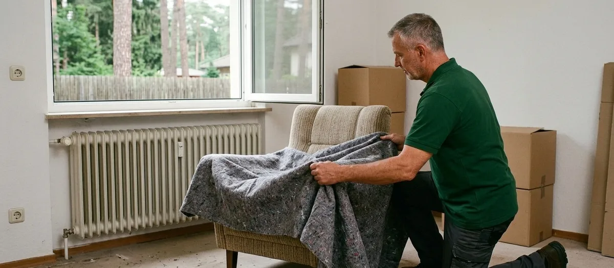 Eine Umzugskraft stellt einen Sessel neben ein bereits aufgebautes Bett in einer hellen, noch leeren Wohnung.